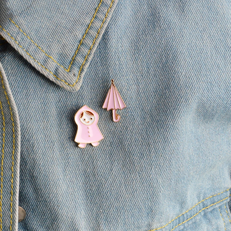 

Waterproof cartoon Girl umbrella rain Set brooch Enamel pink pins for backpack bag jacket collar of shirt pin Badge jewelry