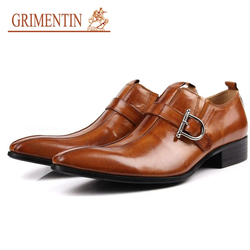 GRIMENTIN Luxury Men Shoes Men Loafers Pointed Toe Dress Shoes Genuine Leather Designer Italian Tan Black