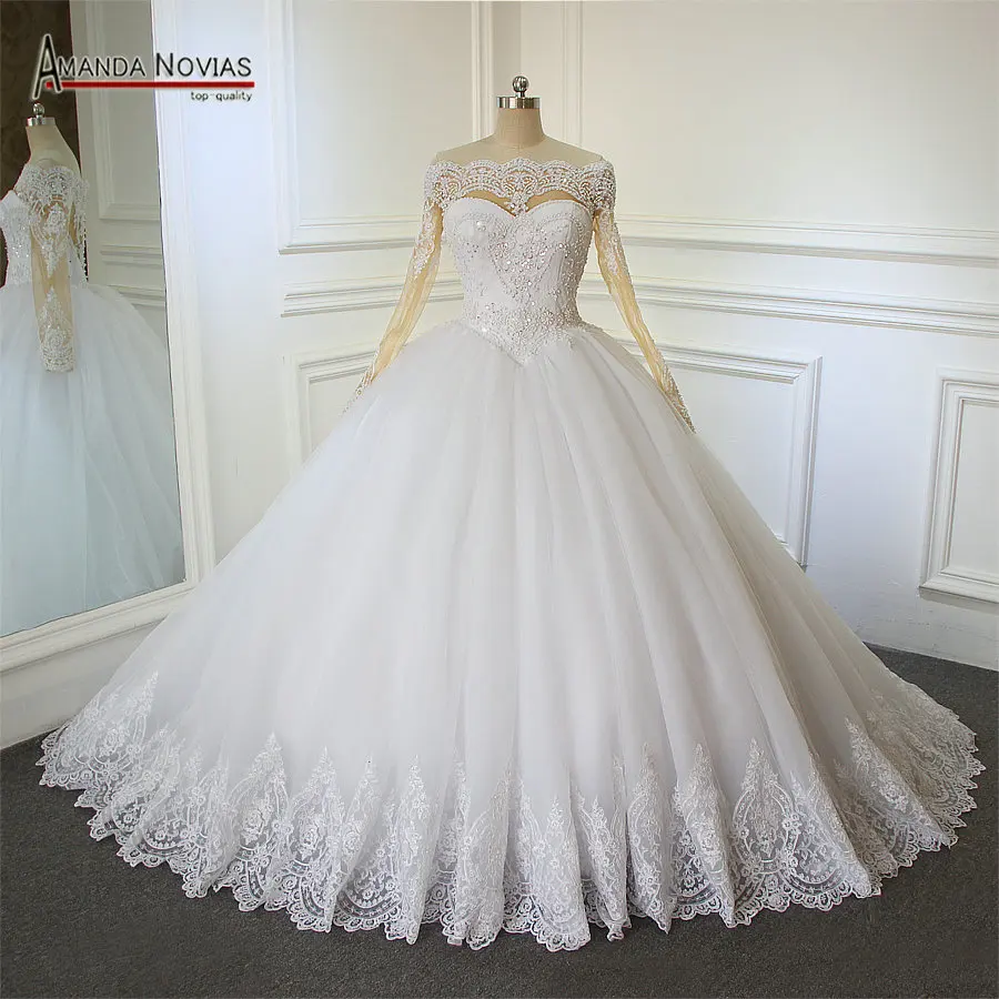 

Luxury Full Beading Wedding Dress 2019 Real Photos Long Sleeves Lace Bridal Dress