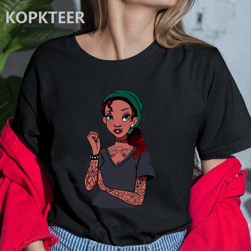 Татуировка Принцесса Тиана Kawaii забавная женская одежда Harajuku футболка Camiseta Mujer уличная черный верх-тройка рубашка Femme