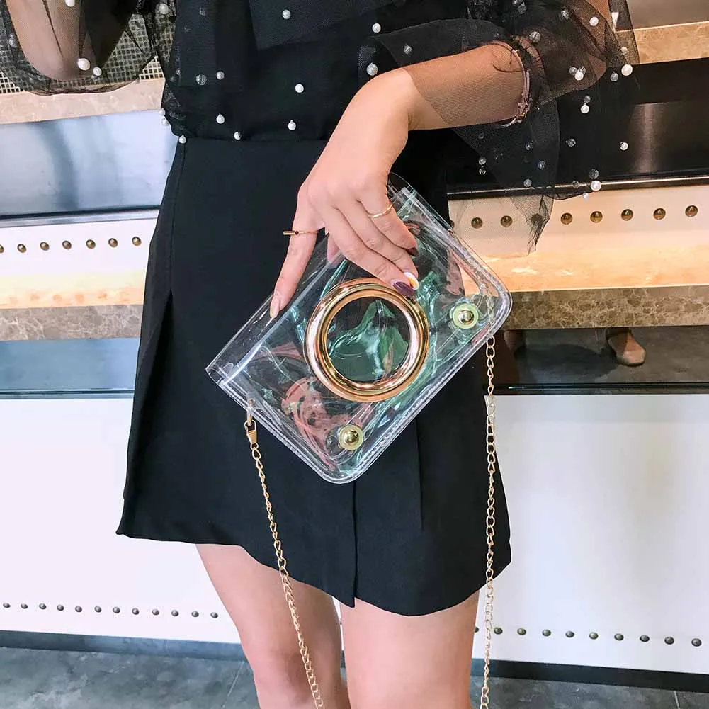 

2019 New Fashion Women Transparent Single Shoulder Bag Small Rectangle Handbag with Golden Chain Strap BS88
