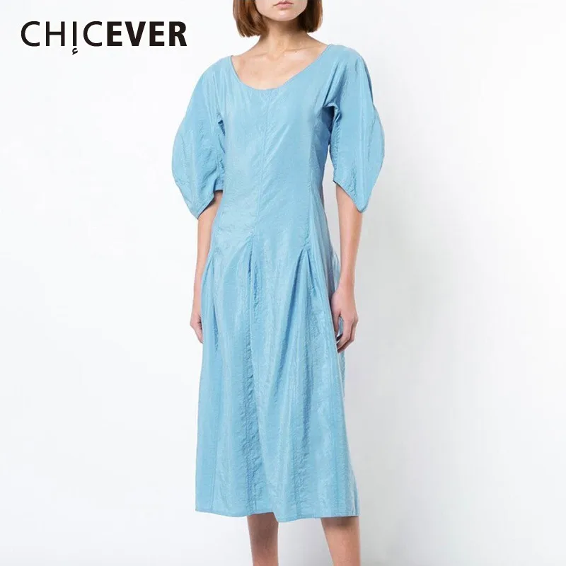 

CHICEVER Summer Casual Solid Dress For Women O Neck Half Sleeve High Waist Loose Plus Size Mid Calf Dresses 2019 Fashion New