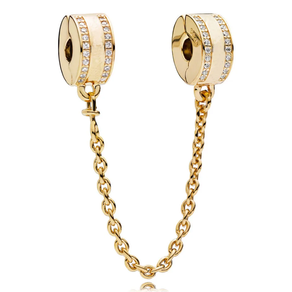 

New 925 Sterling Silver Bead Charm Gold Color Insignia With Crystal Safety Chain Clip Beads Fit Pandora Bracelet DIY Jewelry