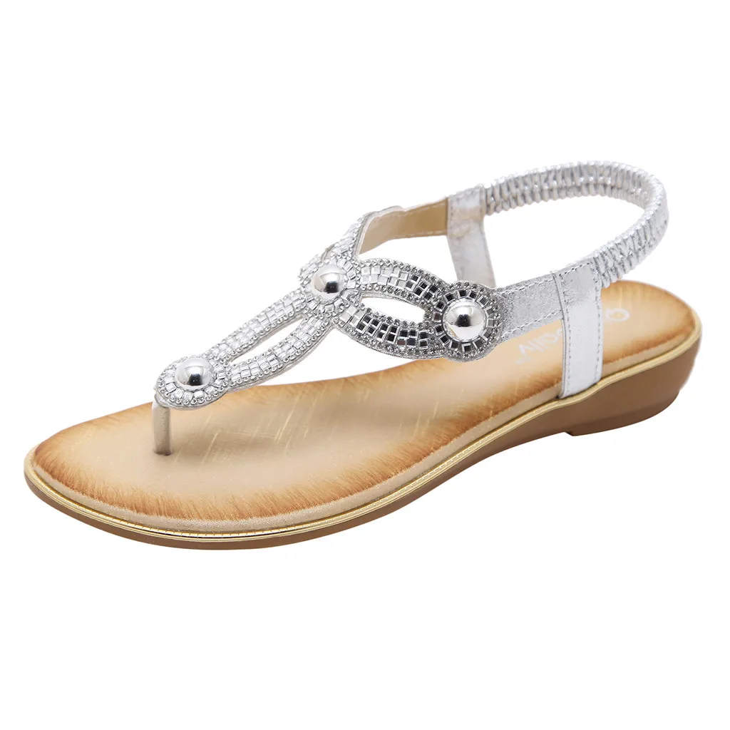Женские повседневные летние пляжные сандалии на плоской подошве со стразами в