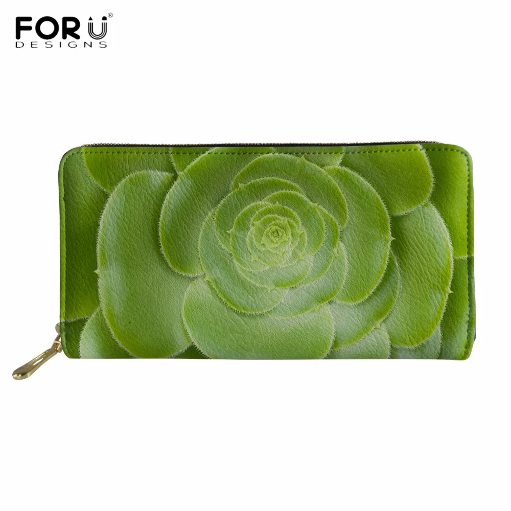 

FORUDESIGNS Green Succulent Plant/Leaf Printing Woman Long PU Leather Wallet Brand Design Phone Card Holder Womens Cluth Purse