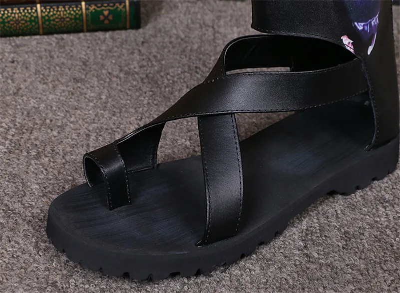 Г. летние сандалии на плоской подошве с ремешками мужские черные кожаные сандалии с ремешком на лодыжке сандалии с вырезами на молнии сзади Размер 45