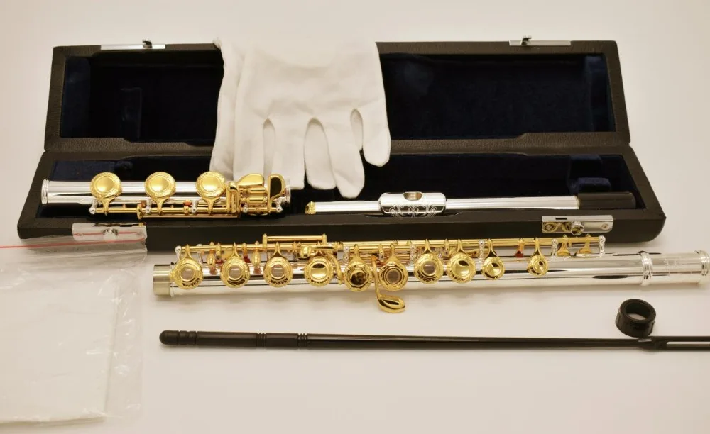 

RODWARE RFL-310 17 Key Open Holes Engrarved Flute Silver Plated Body Gold Key B Foot Flute with case