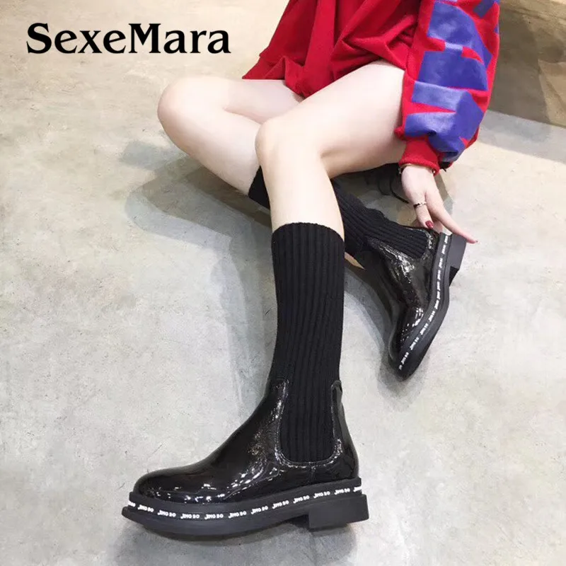 

Women Sock Boots Autumn Ladies Elastic Boots Cloth Mid-Calf Stretch Knit Bootie Socks Women's Fashion Winter Square Heel Shoes