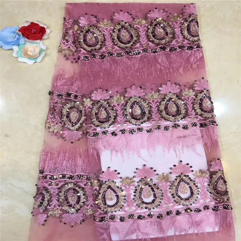 

Madison Hot Sale African Lace Fabric with Sequins Latest Pink Tulle French Net Lace Fabric High Quality Sequins Lace Fabrics