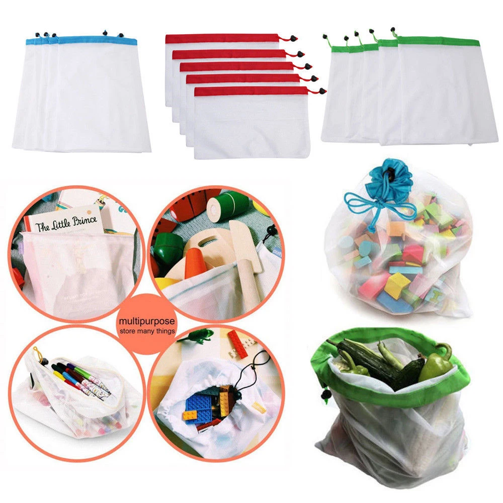 5pcs Reusable Mesh Bags Rope Vegetable Toys Storage Pouch Fruit