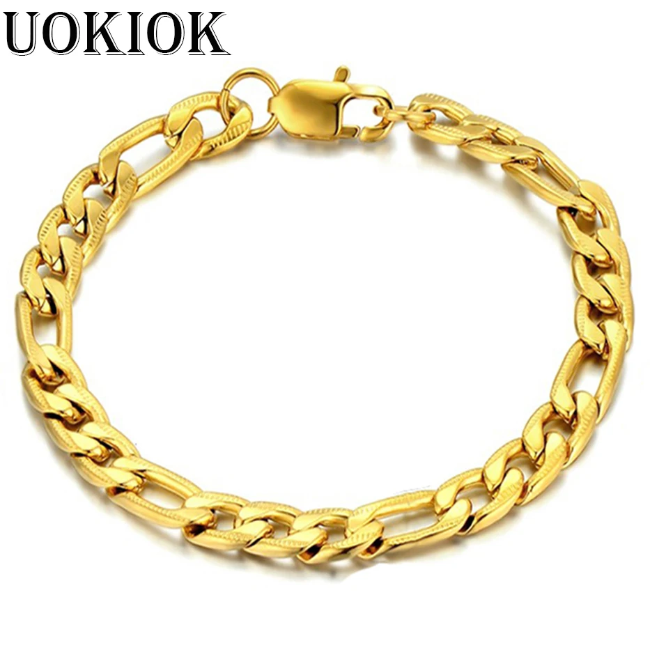 Figaro Chain Bracelet For Men 7mm Gold Color Stainless Steel Chain Link