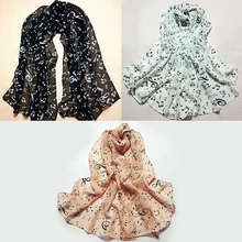 Women Soft Shawl Wrap Korean Style Music Note Printed Chiffon Silk Long Scarf