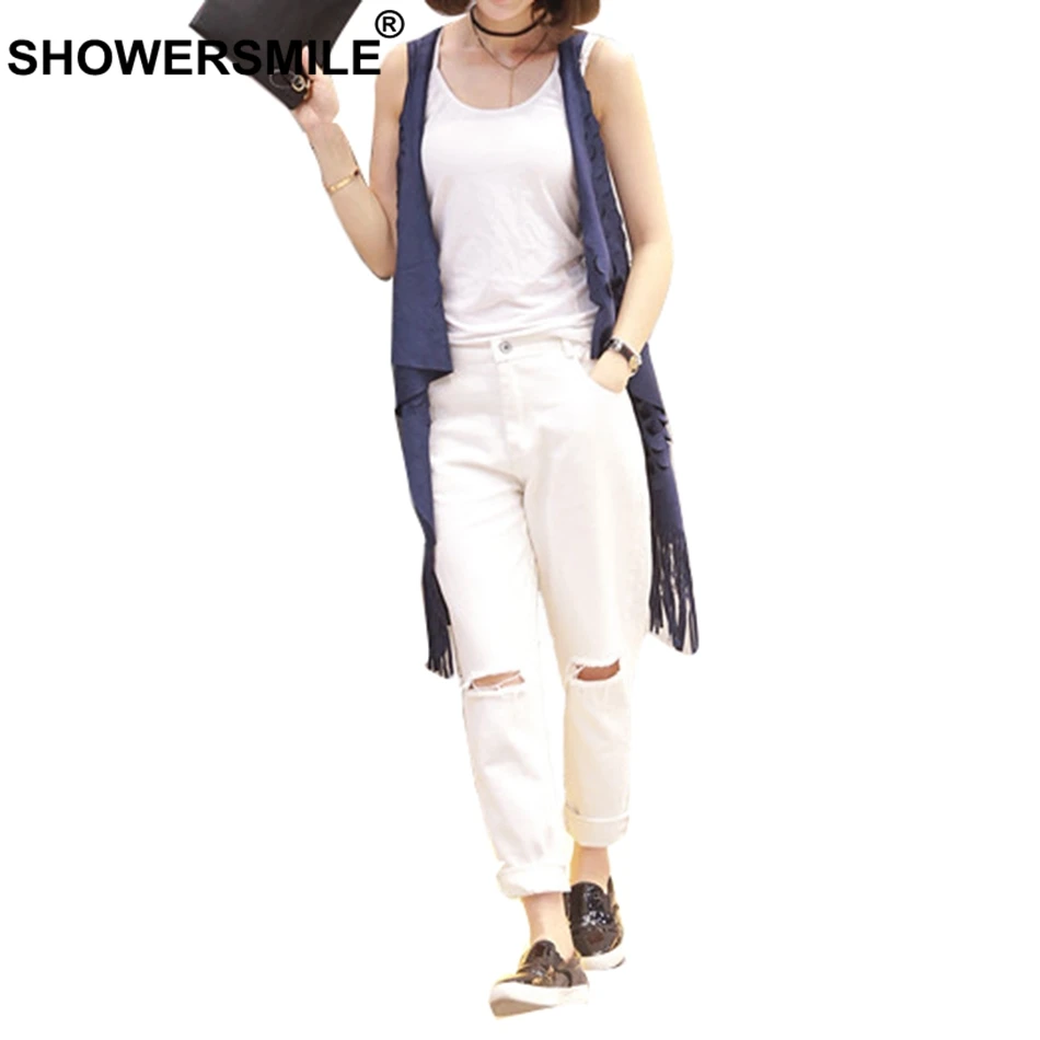 SHOWERSMILE Hollow Out Vest Women Spring Long Sleeveless Jacket Female Navy Outwear Suede Soft Elegant Tassel Ladies Plain Gilet