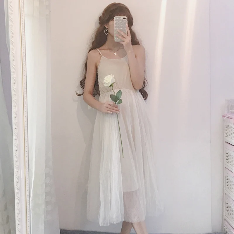 

2018 new fashion sweet Japanese soft sister Mori girl Spaghetti Strap Mesh casual girls Lolita Bottom dress art Solid sexy dress