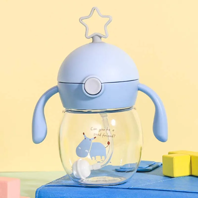 Портативная соломенная чашка для кормления ребенка с двойной ручкой, Детская обучающая бутылка для питья, детские чашки для воды, 280 мл - Цвет: Blue Star Bottle