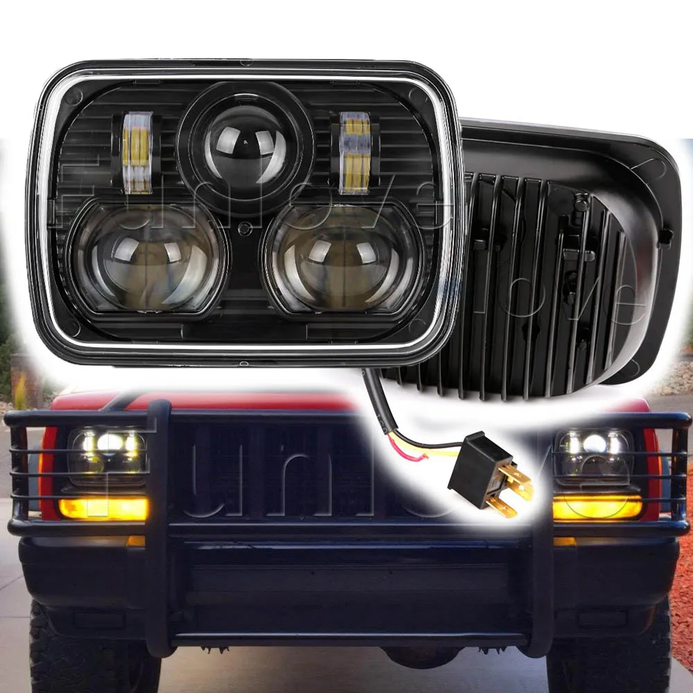WHDZ 2pcs Black 5 X 7" LED Headlight with HI/LO Beam Replacement Kit for Jeep Cherokee XJ Trucks