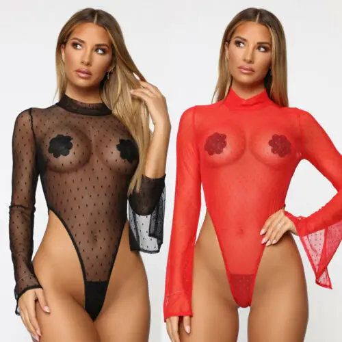 

Fashion Frauen Bodysuit Bodycon Overall Spielanzug Trikot Tops Bluse Overall Langarm Sexy See-Through Clothes