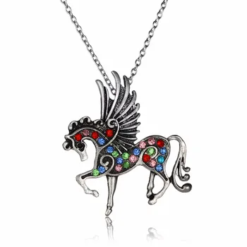 

12PC/Lot Colorful Crystal Fly Horse Wings Pegasus Animals Pendant Necklace Women Men Friends Charm Chain Jewelry Choker Collar