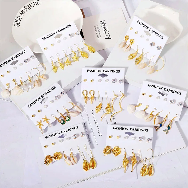 

6 Pairs/set Fashion 2019 Female Gold Metal Natural Shell Drop Earrings Set For Women Boho Crystal Pearl Small Earring Mix Gifts
