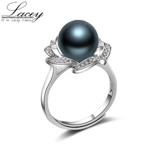 925 Sterling Silver Pearl Rings Natural Tahitian Black Pearl Silver Ring Adjustable Round Pearl Ring for women wedding gift huge pair of 11mm natural tahitian genuine black perfect round pearl earring