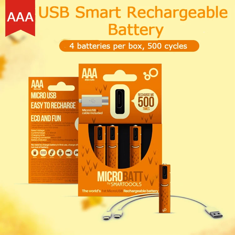 

SMARTOOOLS 4Pcs/pack 1.2V 450mAh Real Capacity USB Charged Battery AAA Rechargeable Battery NI-MH Batteries USB AAA
