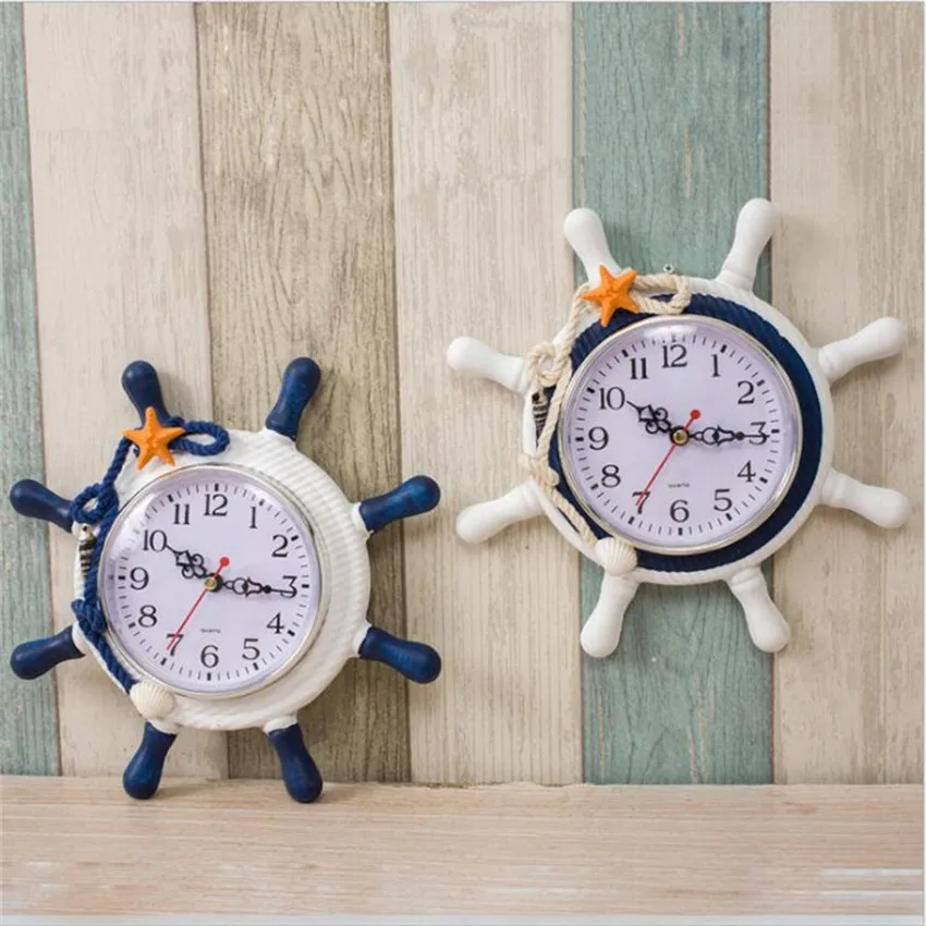 Vintage mediterranean style Rudder woodern wall clock for living room Retro silent Horloge Murale Quartz home decoration klok (6)