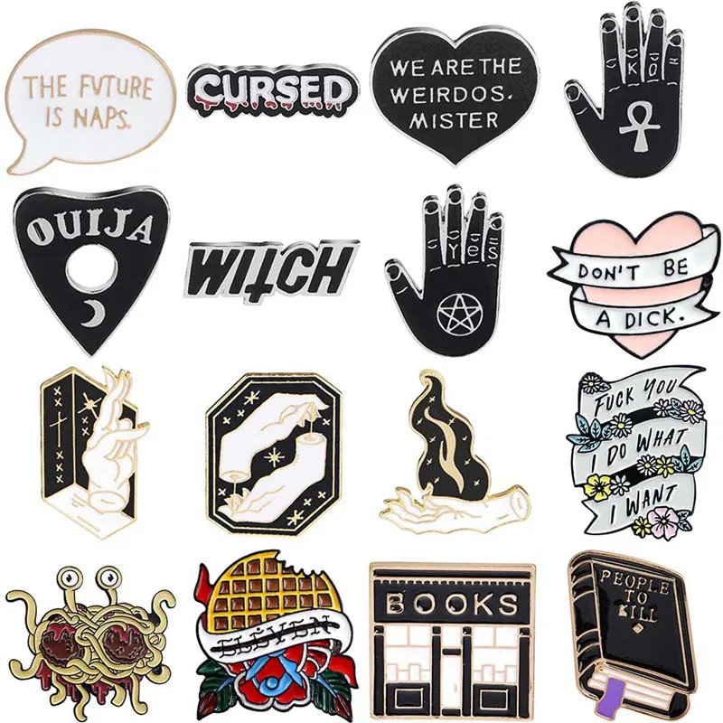 

New Brooch And Pin Waffles Flying Spaghetti Monster Edgar Allan Poe Keyboard Shooting Gesture Text Message Enamel Pins Badges