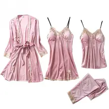 Сексуальный женский халат и платье наборы кружевной Халат ремень платье Ночная рубашка Топы осень зима 4 шт./компл. одежда для сна