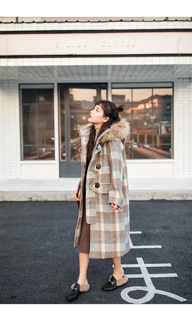 Женское длинное шерстяное пальто осеннее и зимнее клетчатое пальто размера плюс