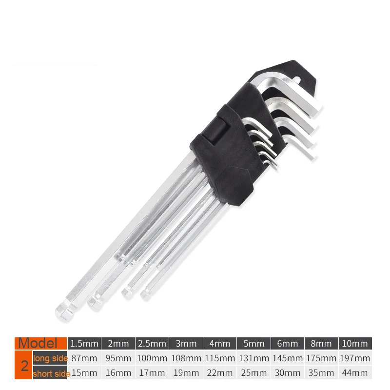 

9* 1.5mm - 10mm Allen Socket Hex Key Hexagon Wrench Set Carbon Steel Torque Spanner Reinforced Toughen Metric Ball Ended