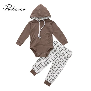 

2PCS Toddler Infant Baby Boy Warm Brown Long Sleeve Hooded Romper Plaid Pant Outfits Clothes Set