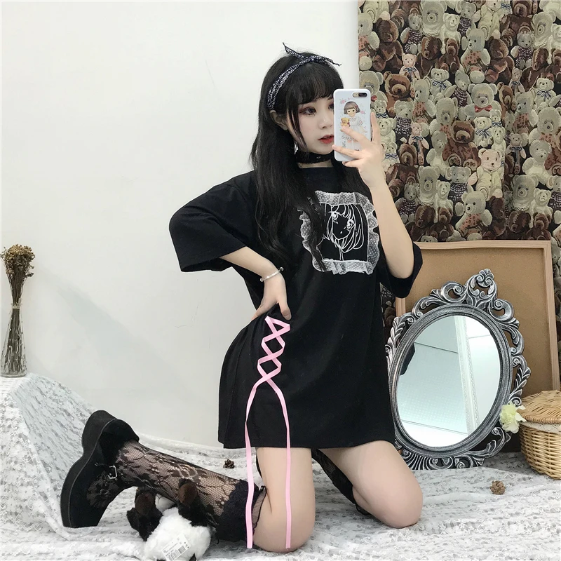 Japanese Sweet Long Tshirt Cute Clothes for Women Summer Oversized Loose Bandage T Shirt Black White Cartoon Graphic Tees Women