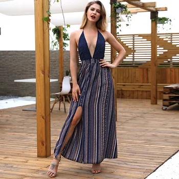 

Sexy Women's Bohemian Beach Dress Halter Neck Slit Maxi Vestidos Navy Blue Print Summer Party Lace Dresses 2018 Long White Robe