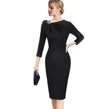 Vfemage, женское осеннее элегантное Плиссированное асимметричное платье с бантом, с 3/4 рукавом, облегающее, для работы, офиса, бизнеса, коктейльное, вечерние, облегающее платье, 18333