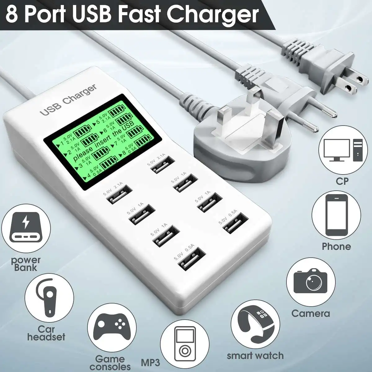 8 ميناء USB جدار شاحن شحن محطة المقبس مهايئ توزيع للهاتف المحمول الذكي أقراص السفر مكتب LED الرقمية 8 ميناء USB جدار شاحن شحن محطة المقبس مهايئ توزيع للهاتف المحمول الذكي أقراص السفر مكتب LED الرقمية