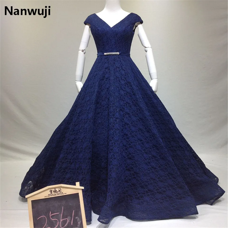 

2016 New arrival Real Sample V-neck Backless Navy Blue Lace Evening Dress Prom Dress 2561