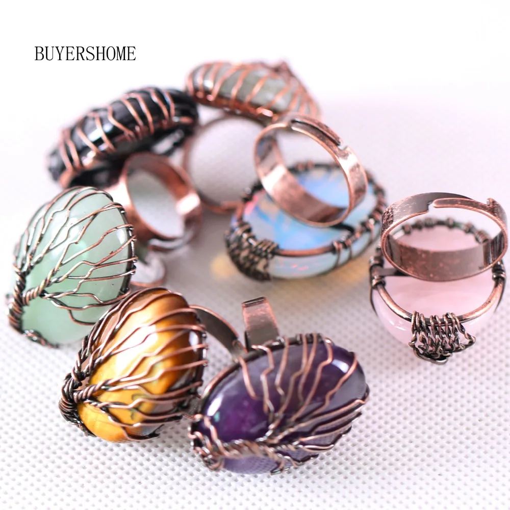 

Copper Wrap Tree of life 20x30MM Oval Natural Stone Beads Onyx Opal Labradorite Tiger's Eye Crystal Ring 1Pcs Adjustalbe 7-9