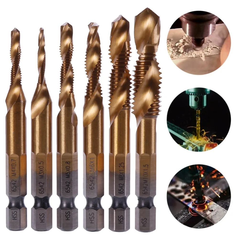 

6Pcs Titanium Combination Hex Screw Thread 6542 Shank Titanium Plated Spiral Point Hand Metric Tap Drill Bits M3-M10 #279889
