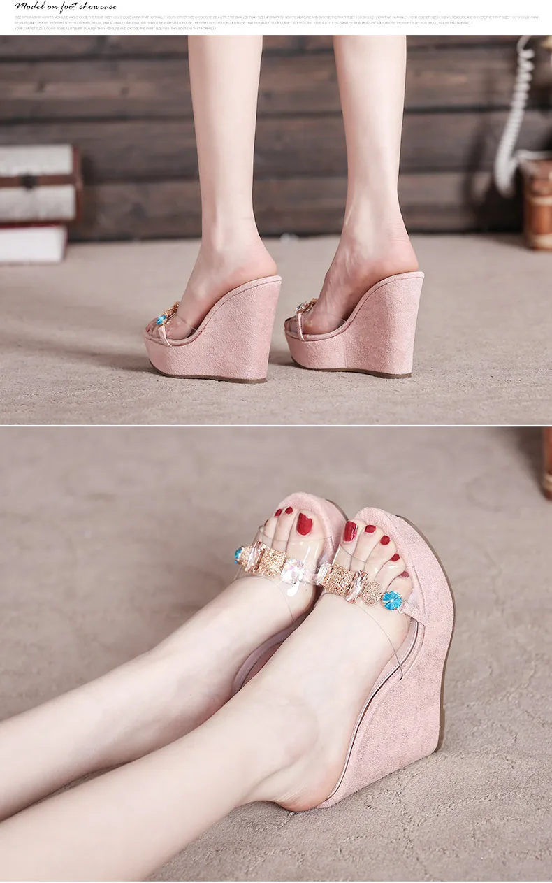 6_New 2018 Wedges Slippers Female Summer Fashion High-heeled Platform Rhinestones Small Size Shoes Pink White Black