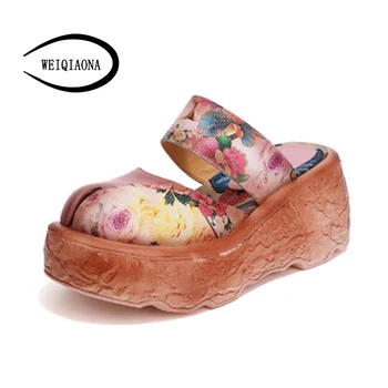 

WEIQIAONA 2018 New Women's shoes Fashion Ethnic style embroidered leather handmade pumps retro casual sandals party beach shoes