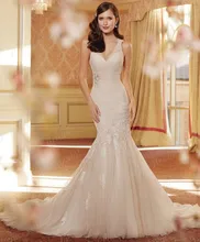 Free Shipping Mermaid V Neck Low Cut Keyhole Back Sweep Train Tulle Wedding Gown Designs 2014 With Appliques ST11418
