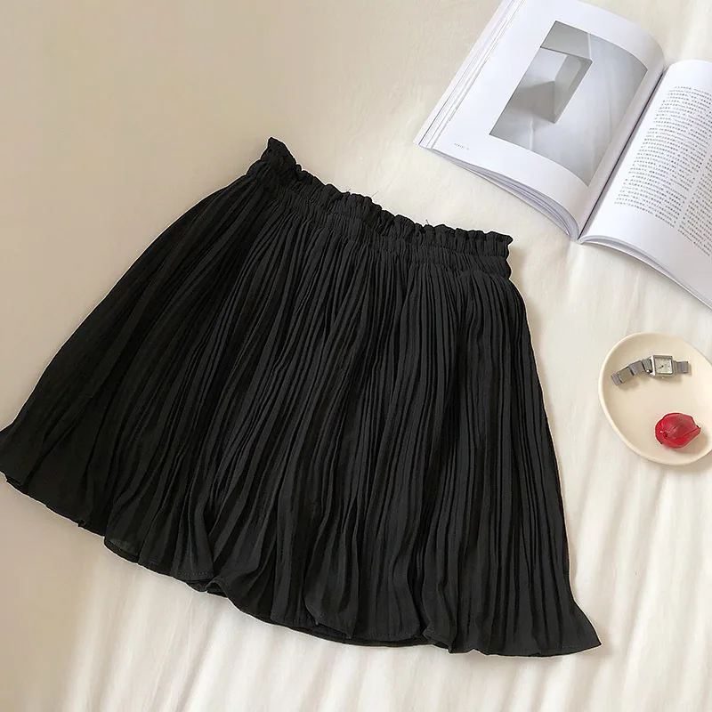 Летняя женская однотонная плиссированная юбка с высокой талией плиссированные мини-юбки женская белая шифоновая юбка - Цвет: black