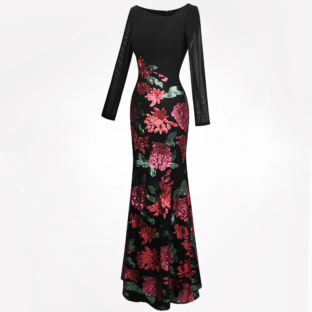 Женское вечернее платье Angel fashions черное с длинным рукавом и блестками|evening dress