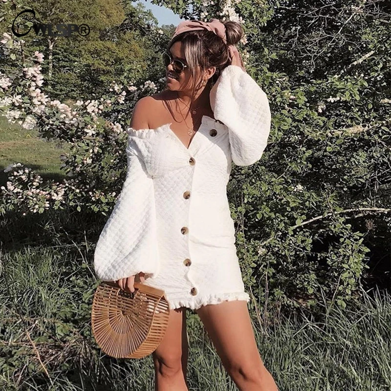 CWLSP blanco cuello largo linterna vestidos de manga volantes Mini vestido botones otoño vestido ropa de mujer invierno QL4209 CWLSP blanco cuello largo linterna vestidos de manga volantes Mini vestido botones otoño vestido ropa de mujer invierno QL4209