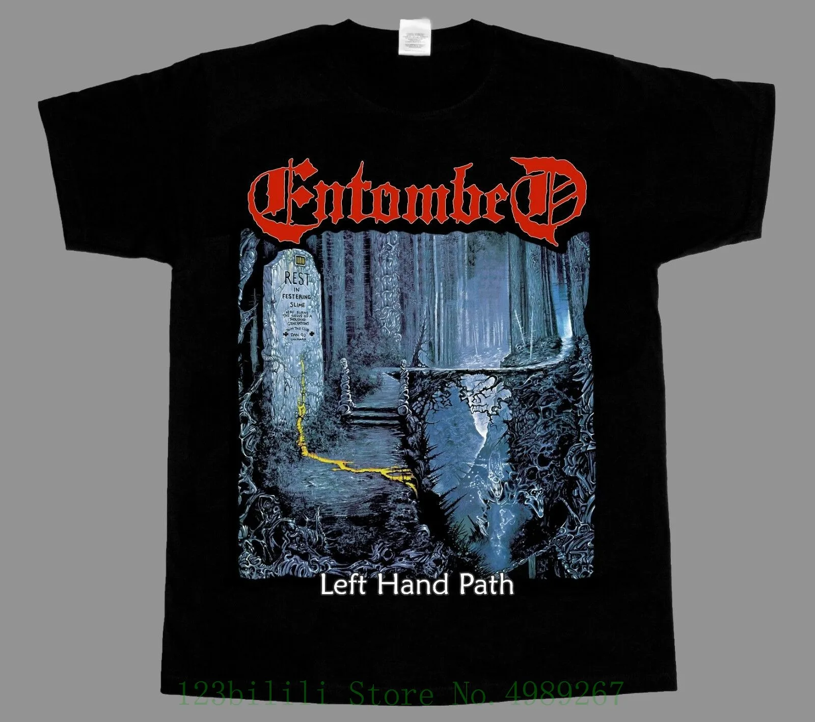 Мужская футболка с короткими рукавами Entombed черная и принтом левая рука