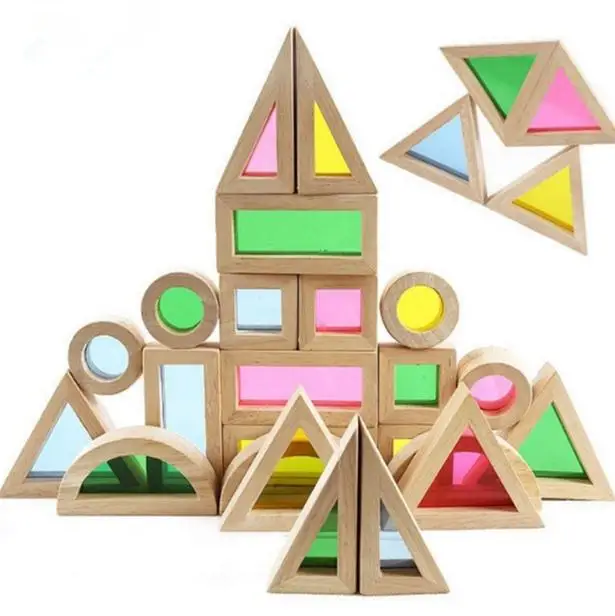 

24pcs Big Wooden Rainbow Block Toy For Children Geometry Shape Colorful Acrylic Window Building Block Early Educational Kid Toy