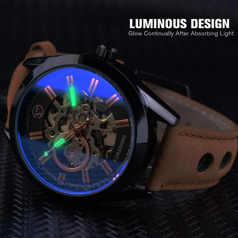 Forsining Watch + Bracelet Set Combination Casual Sport Genuine Leather Army Military Automatic Men Wrist Watches Skeleton Clock