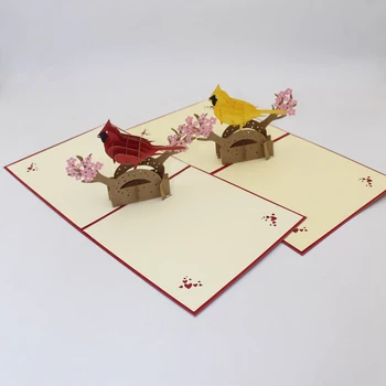 

3D Laser Cut Handmade Cute Bird Yellow Red Parrot Paper Greeting Cards PostCard Birthday Party Festival Kids Creative Gift
