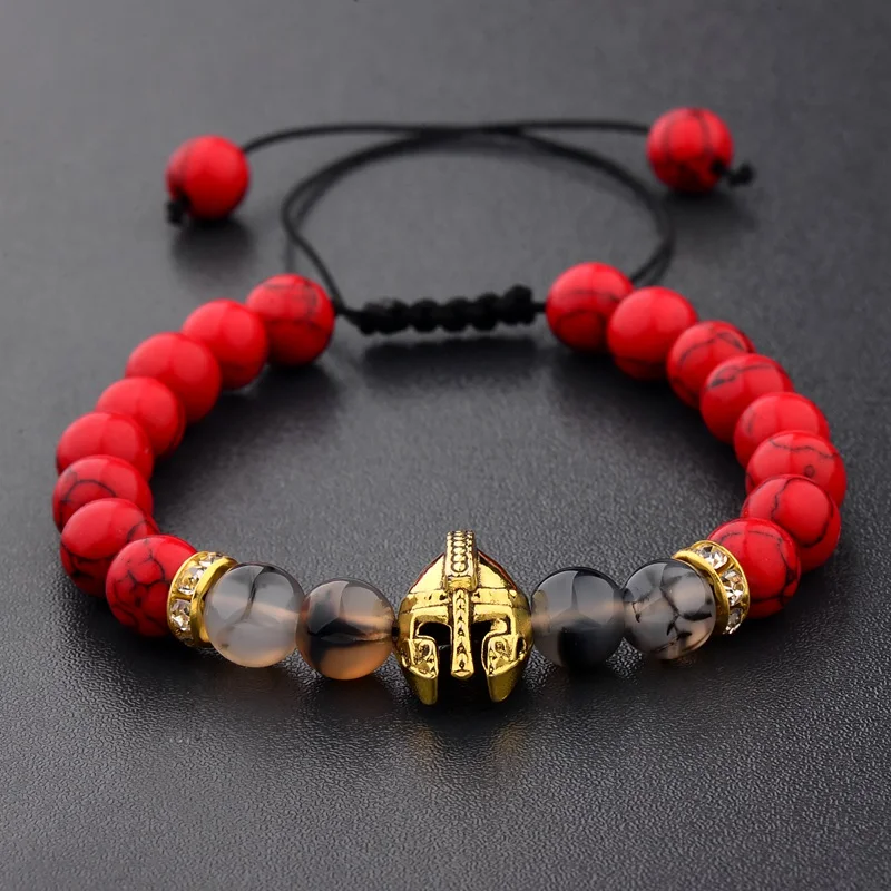 

Amader Charm Men Weaving Bracelet Gold Knight Spartan Warrior Gladiator Helmet Red Turquoises Stone Bracelets For Women ABK014