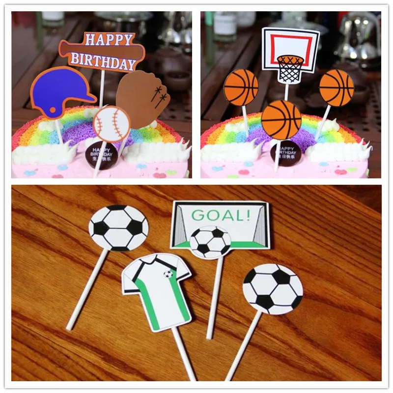

4pcs/set Football Baseball Birthday Cupcake Topper Cute Basketball Paper Cake Topper For Birthday Sports Party Cake Decorating